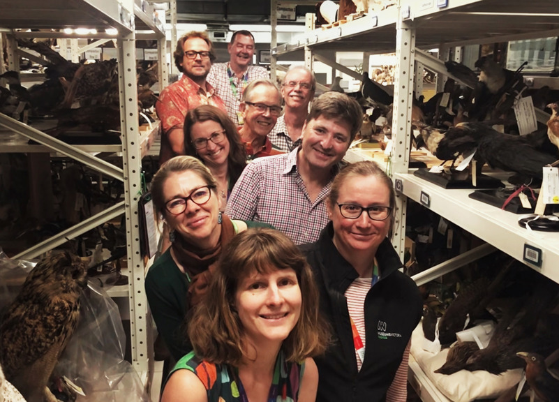 a group of scientists next to taxidermied animals