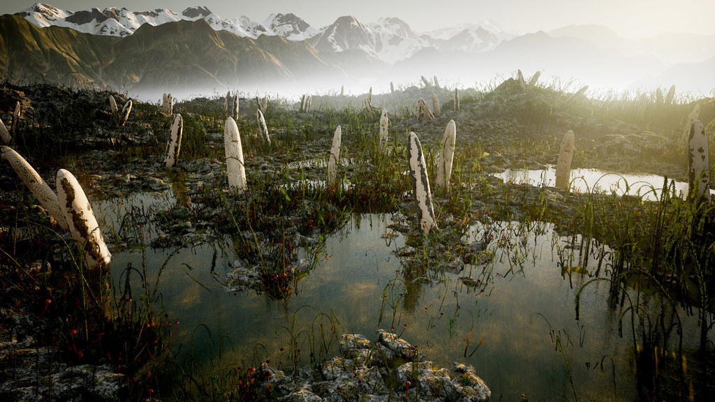 a digital drawing of a marsh with feather-like plants, interspersed with tall white structures. Mountains in the backbround. 