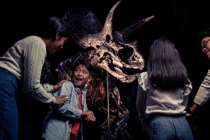 Family next to triceratops skeleton