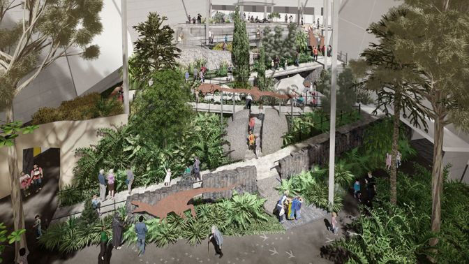 Garden with plants and dinosaur sculptures