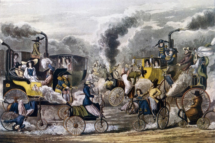 a colourful illustration of several carriages, carrying extravagantly dressed people, billowing clouds of steam