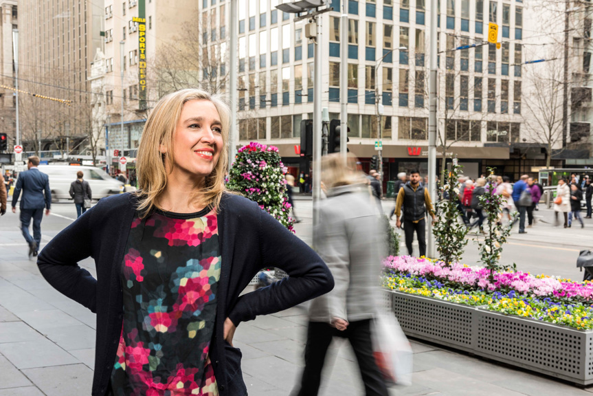 Hilary Harper standing on a Melbourne CBD street