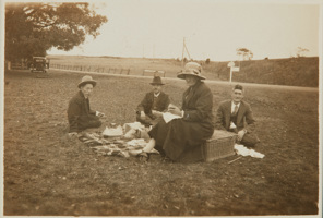 Setsutaro Hasegawa and his friends on an outing near Geelong, 1930. Left to right: Motoshiro Ito, Setsutaro, George Furuya and in foreground his wife Ada May