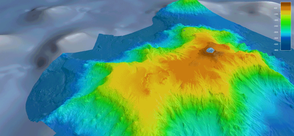 a rotating computer generated image of an underwater mountain 