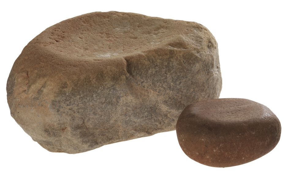A set of two grindstones. These are made of quartzite and were found at Chowilla Dam.
