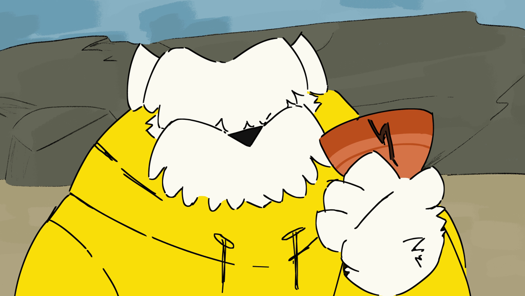 A cartoon drawing of a white dog wearing a raincoat and holding a bucket.