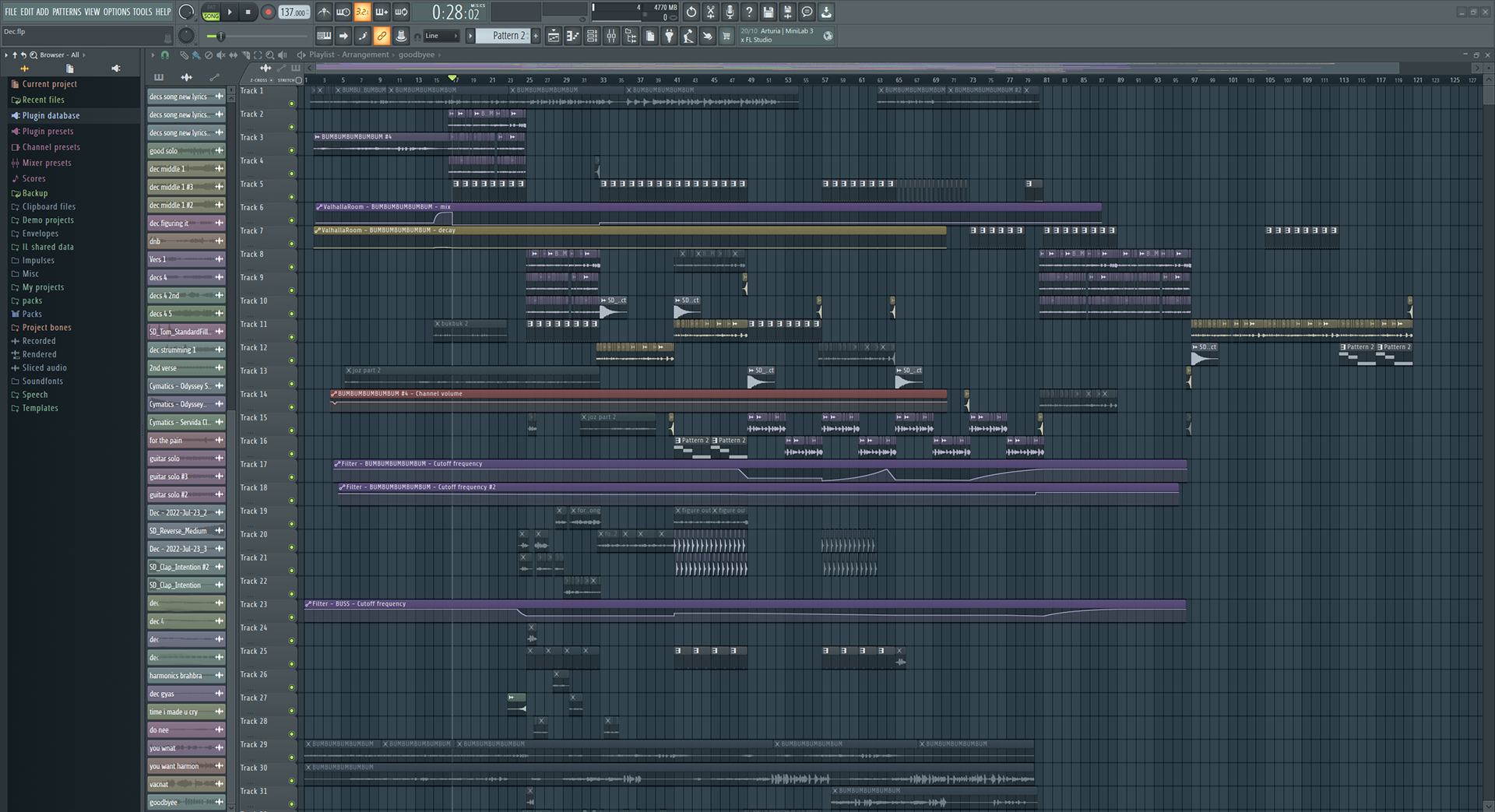 A screenshot of FL Studio audio editing software, showing layering of several audio tracks.