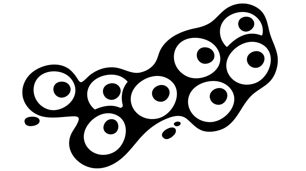 Silhouette of a cluster of eight round amphibian eggs, sticking together with jelly and each containing a small black dot.   