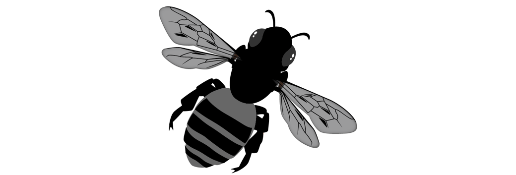 Silhouette of a native bee with a short, round face and distinct stripes across its body.   