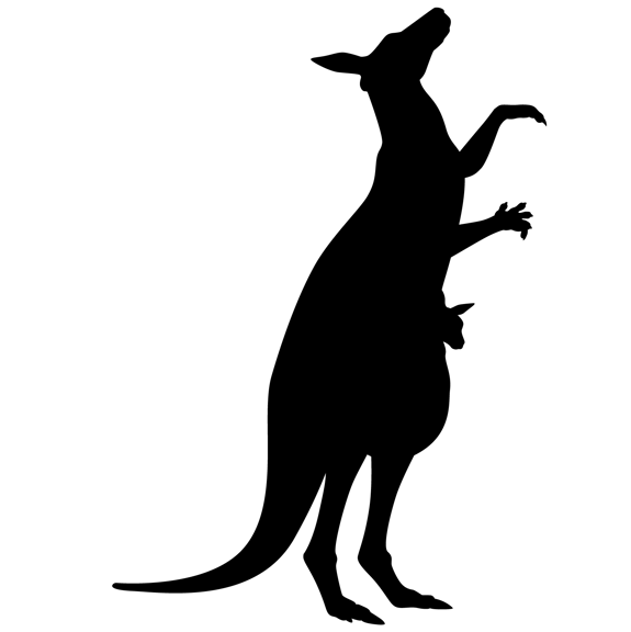 Silhouette of a kangaroo-like animal reaching tall with a joey in its pouch. 