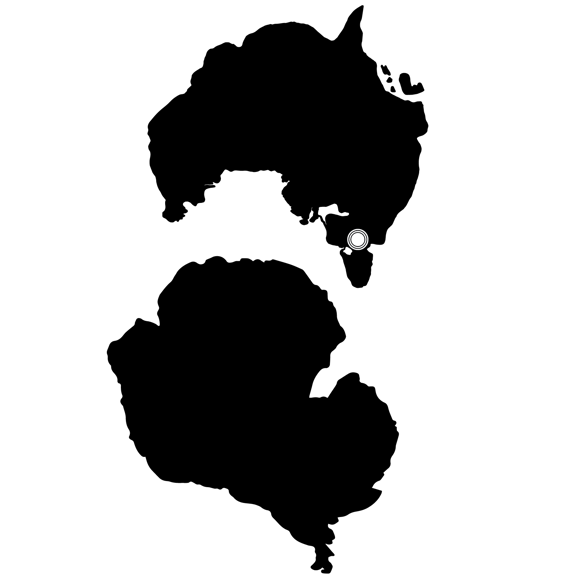 Map of the Australian continent and Antarctica, recently detached from each other, with a new sea between them. Tasmania is still connected to the mainland.   