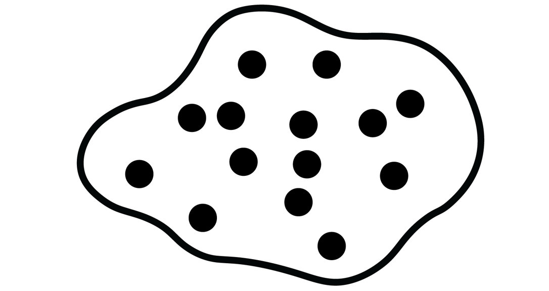 Silhouette of a dinosaur nest with curvy, uneven edges, containing fourteen small spherical eggs. 