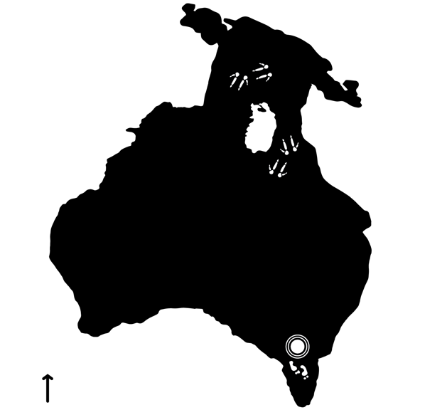 A map of the Australian continent, connected by land bridges to New Guinea in the north and Tasmania in the south. Human and kangaroo footprints show pathways across the landmasses.
