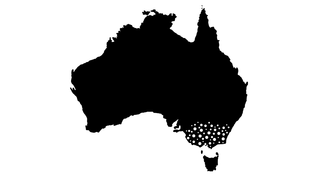 Map of Australian continent with dots spread out across Southeast Australia.  