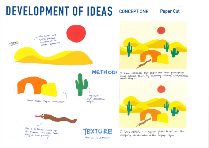 This folio page depicts Candice (Tangtang) Sun’s development of ideas for her Visual Communication Design presentation ‘Shame Away & W!LD’. The page includes consideration of methods and materials to develop the designs.
