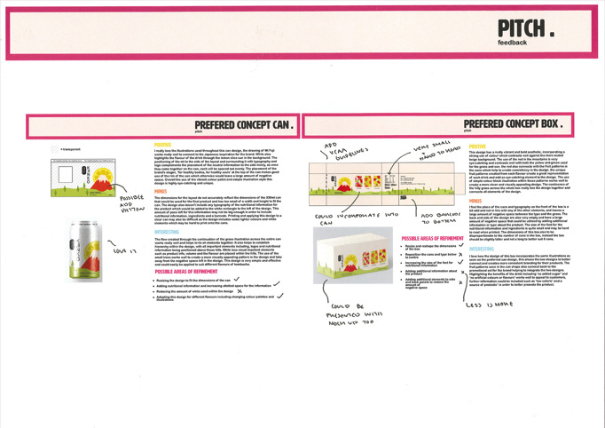 This folio page depicts Emily Knight’s pitch feedback for her Visual Communication Design presentation ‘KENKŌ’. The page includes evaluation of two preferred design concepts.