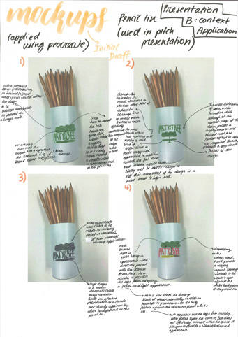 This folio page depicts Felice Todd’s annotated design mock ups for her Visual Communication Design presentation ‘Artystree Art and Supply Brand’. The page demonstrates Felice’s testing of concepts and their suitability relevant to the brief.