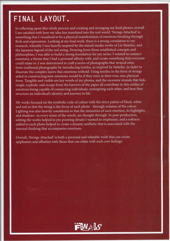 This folio page documents Callista Kosasih’s final layout for her Media Photography work ‘Strings Attached’.