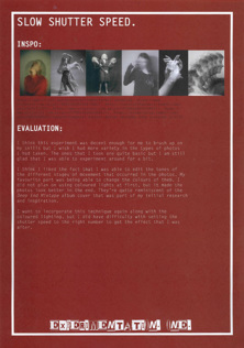 This folio page details Callista Kosasih’s experiment and evaluation of slow shutter speed to achieve a specific visual effect in her Media Photography work. 