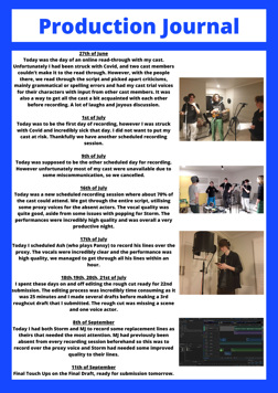 This folio page details Lachlan Whatman’s ‘Production Journal’ for his Media Audio work ‘Legend of the Chosen One’.