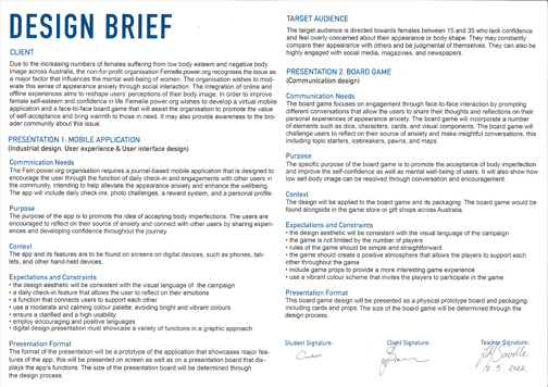 This folio page demonstrates the Candice (Tangtang) Sun’s design brief. The brief outlines the client, target audience, purpose, context, constraints, and expectations.