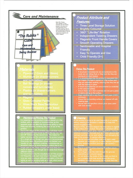 A folio page showing the care and maintenance instructions for the final product.