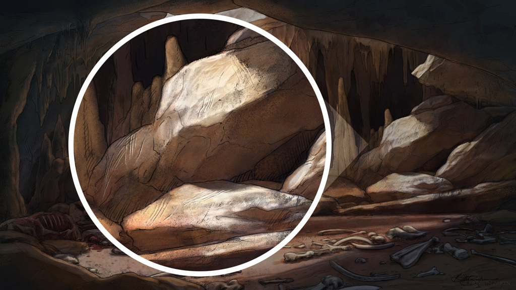 The same cave image as the previous page, with the scratches on the wall highlighted.
