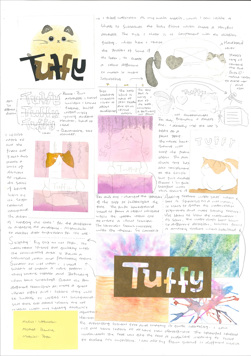 This folio page depicts Meishan Guo’s development of ideas for her Visual Communication Design presentation ‘Tuffy’. The page includes a range of design elements and design principles that Meishan has used to refine her design concepts relevant to the brief.