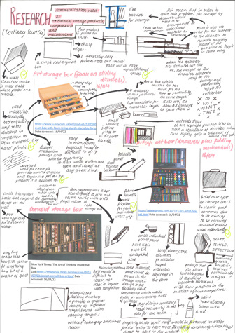 This folio page provides research notes and observational drawing for Felice Todd’s Visual Communication Design presentation ‘Artystree Art and Supply Brand’.