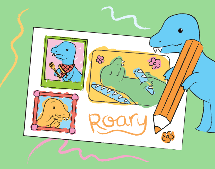 Roary the T-rex writing his name with a giant pencil on a page with pictures of dinosaurs on it