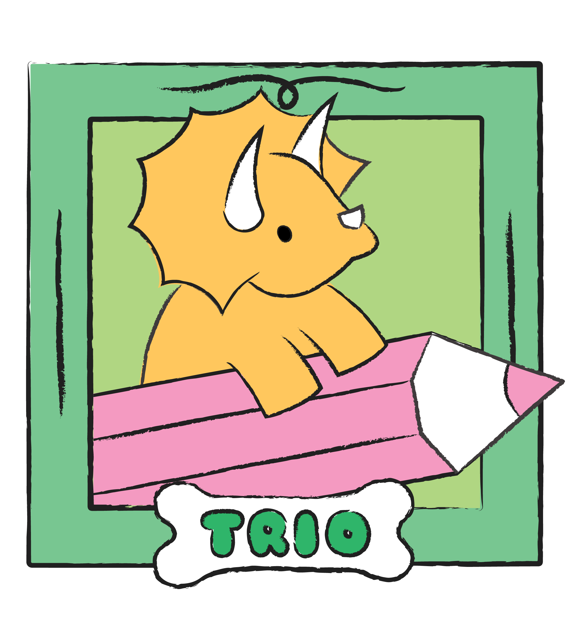 Trio the triceratops riding a giant pink pencil.