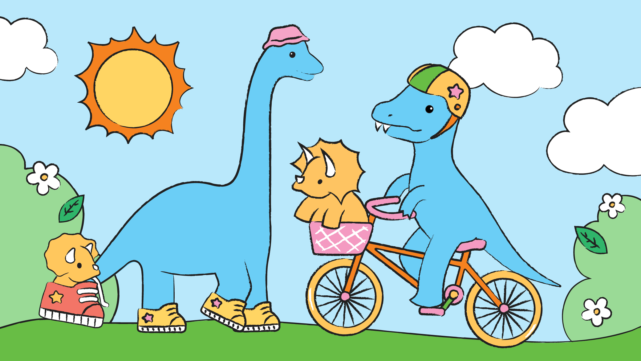 A blue brontosaurus out walking with shoes on is opposite a blue T-rex on a bike with a triceratops in the handlebar basket.