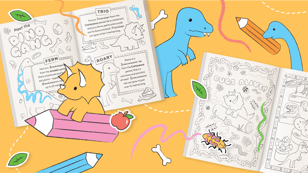 Two open dinosaur colouring books surrounded by dinosaurs.