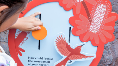A child using an interactive that show a bird and flower motif, in the Gandel Gondwana Garden