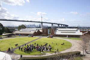Aerial view of families gathered on the arena