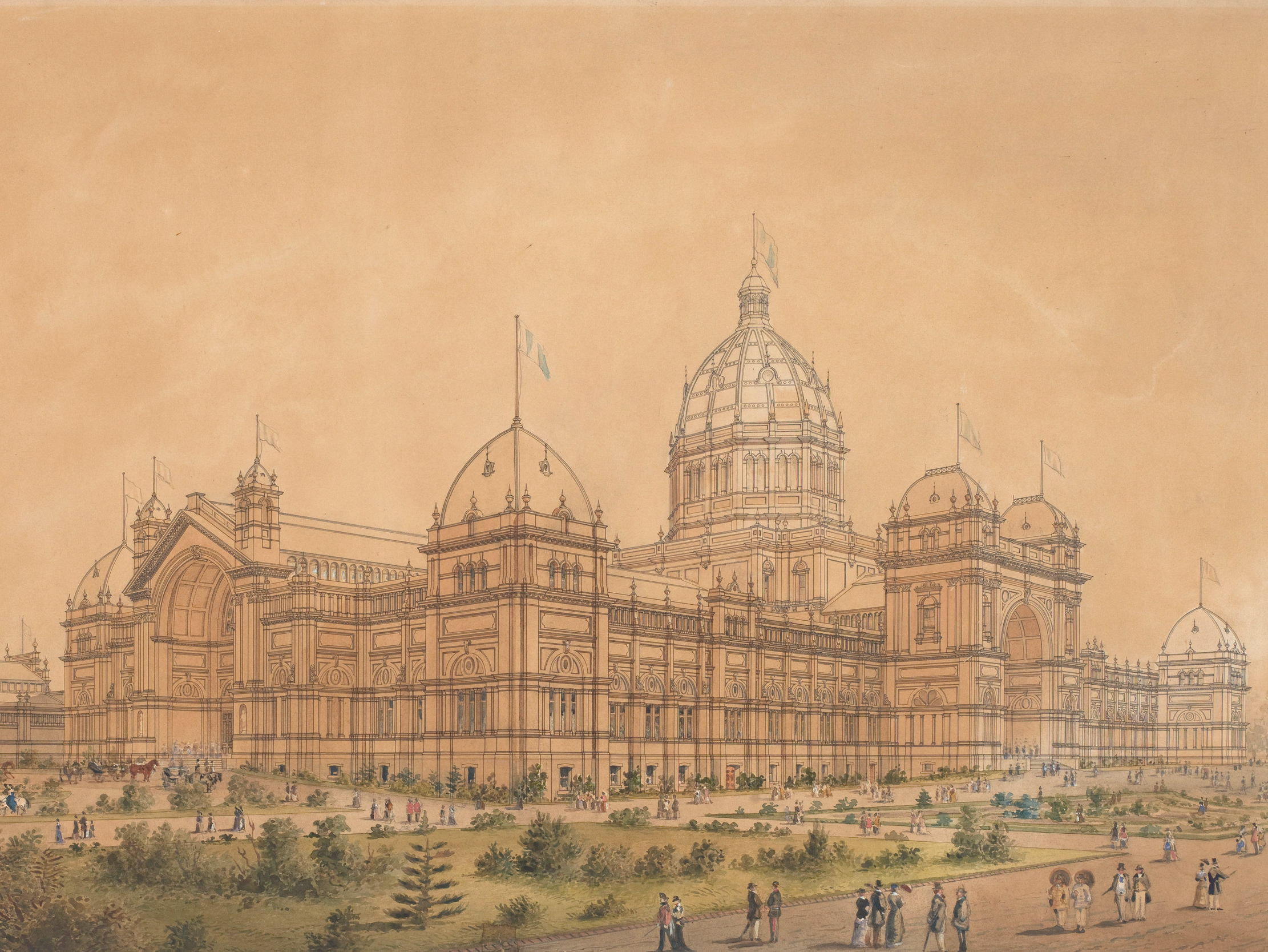 A water colour painting  and artist impression of the Royal Exhibition Building from 1880