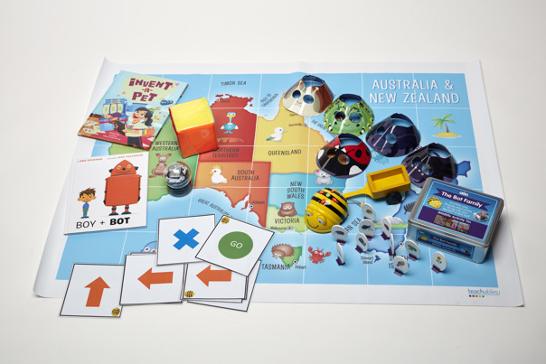 Coding and robotics learning kit: Sphero, Bee-bot, map and characters, direction arrows, books, colour cube.