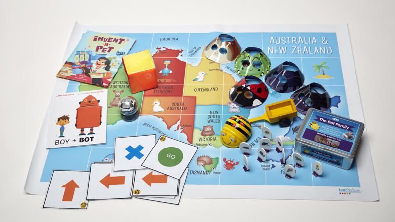 Coding and robotics learning kit: Sphero, Bee-bot, map and characters, direction arrows, books, colour cube.