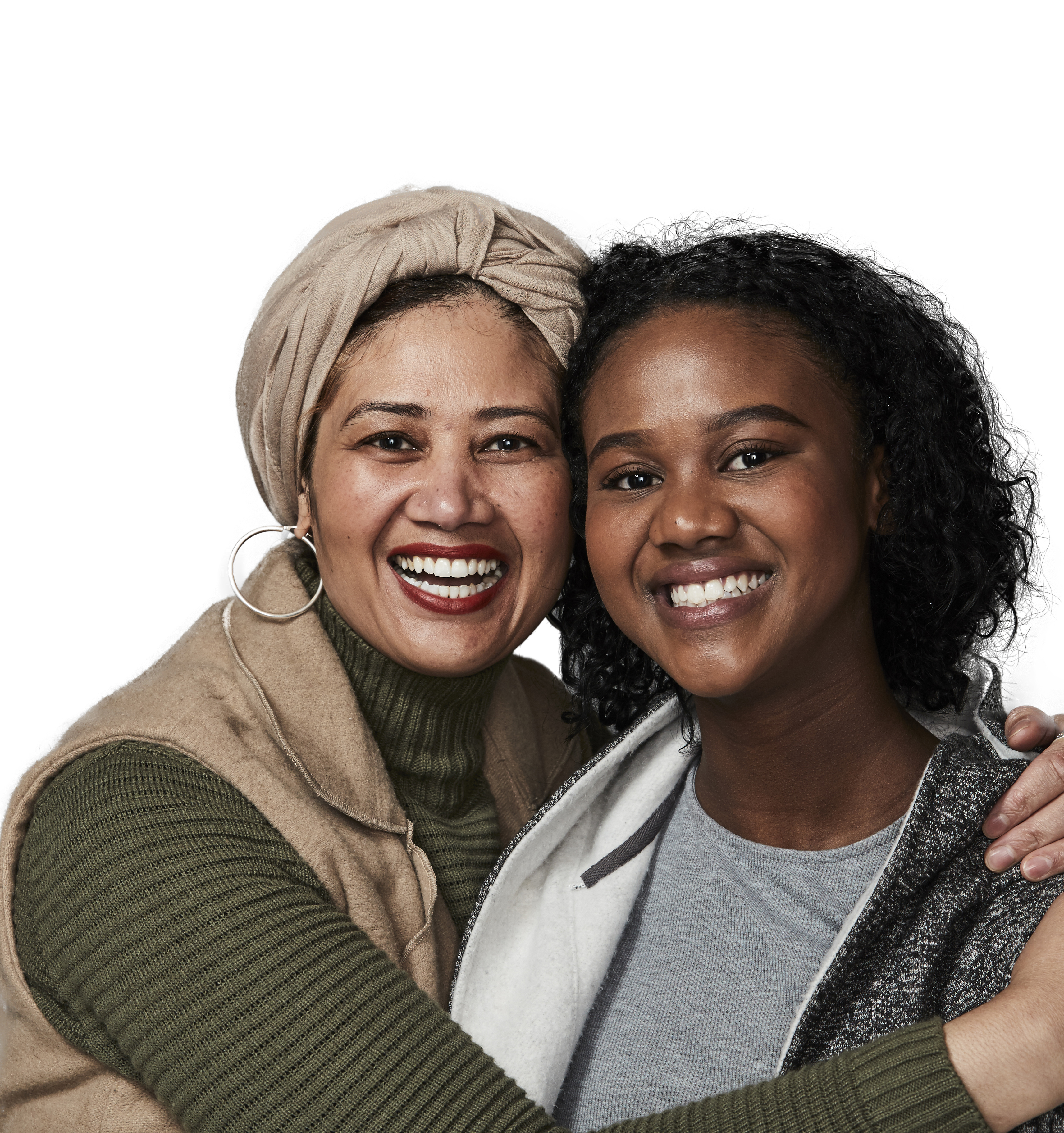 Portrait of two women, smiling and embracing