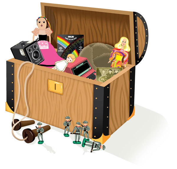 An illustration of a chest full of old toys
