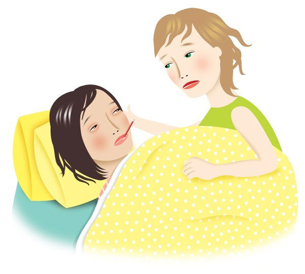 An illustration of a girl having her temperature taken by a woman