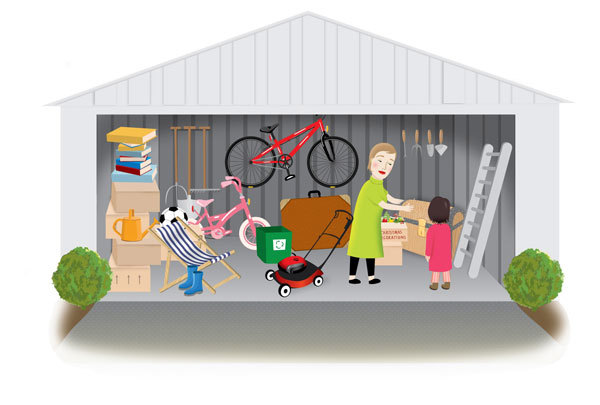 Hannah and her mother in the garage. Books, bikes, a suitcase, a lawn mower, gardening tools are stored in the garage.