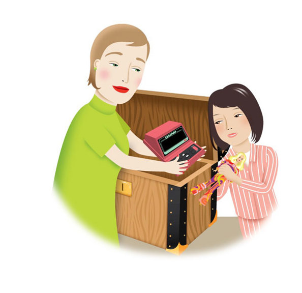 Hannah's mother holding an early computer game and girl holding a Barbie doll