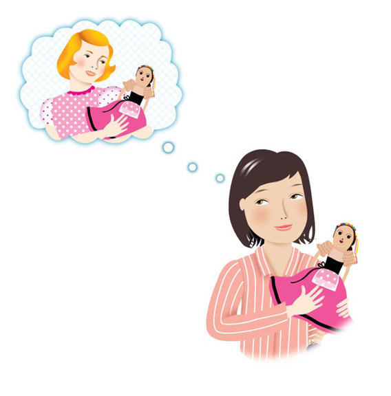 A girl holding a peasant doll with thought bubble of girl holding a doll