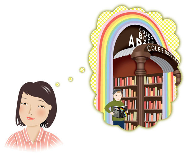 Girl with thought bubble showing boy reading a book