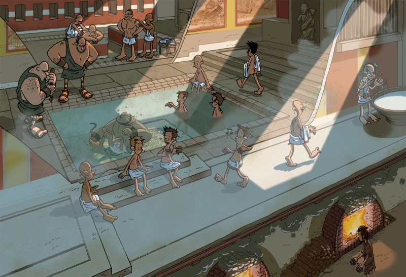 An illustration of a bath house scene in ancient Pompeii