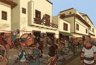 An illustration of a street scene in ancient Pompeii