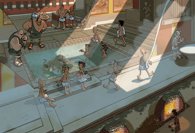 An illustration of a bath house scene in ancient Pompeii
