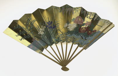 Gold Shimai fan used by Masumi Jackson in Noh theatre performance, 1990s