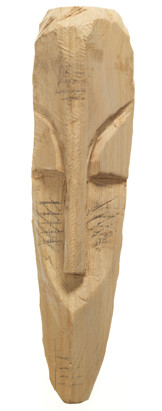 This wooden mask has only been partially completed, commenced by Nickel Mundabi during the filming of his artistic practice by Museum Victoria at his friend's farm just outside Shepparton, 18 February 2014. The piece has been shaped and sanded and some designs marked, in order to demonstrate Nickel's process of carving. 